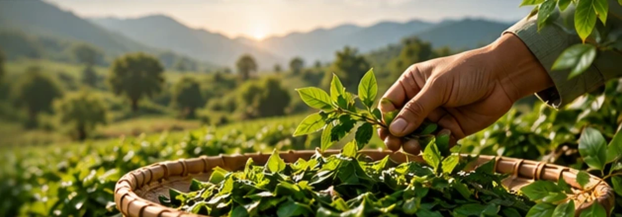 Hands picking fresh herb leaves into a basket above green hills