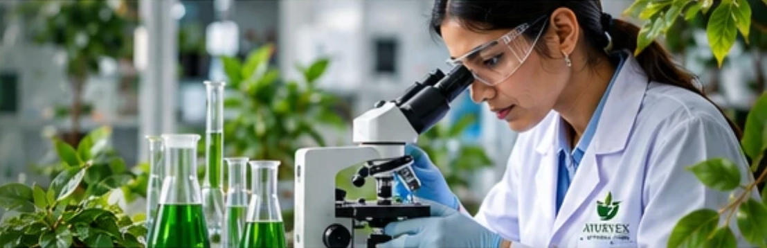 Scientist using a microscope in the Ayush Extracts quality laboratory