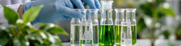 Gloved hand holding test tubes of green extract